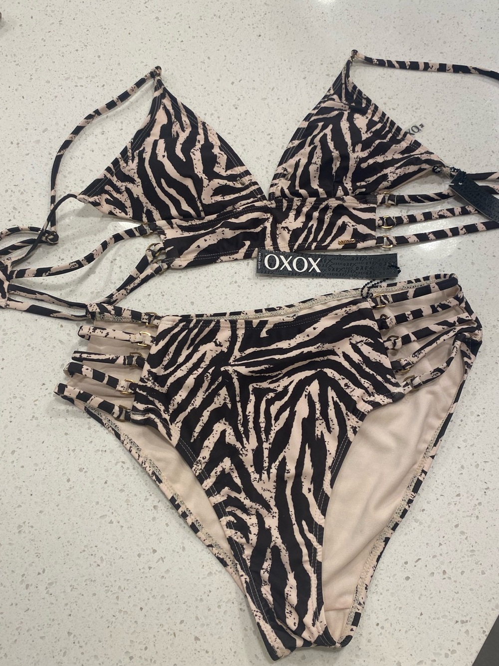 Oxo Zebra-Print Strappy Bikini Bottoms in Black & Beige